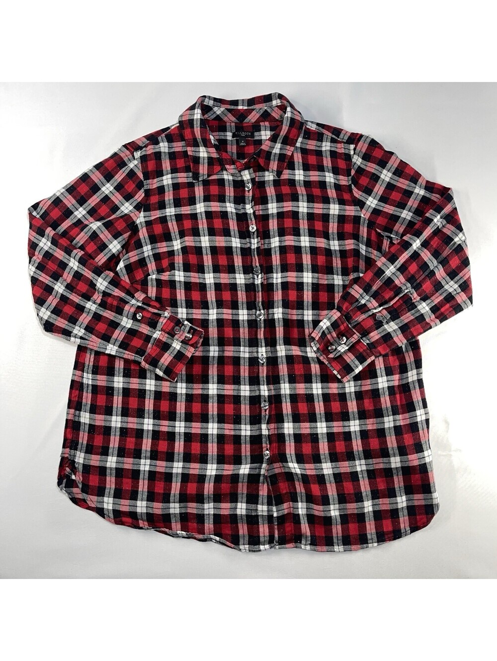 Talbots Flannel Shirt Size X (Fits Large) Red Black Buffalo Plaid Glitter Travel